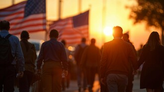 Citizens moving forward beneath American flags, symbolizing a collective journey toward a brighter future