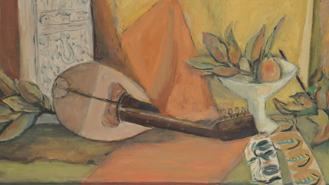 Alma Woodsey Thomas, (American, 1891–1978), Still Life with Mandolin, 1950s, Oil on Masonite, 19 7/8 x 35 1/4 inches. The Johnson Collection, Spartanburg, South Carolina