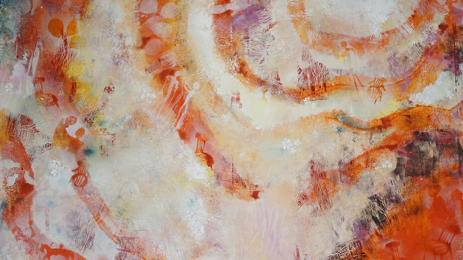 Olga Goldina Hirsch, The solstice begins! Summer, 2024, mixed media on canvas, 140 x 160 cm. Courtesy of Olga Goldina Hirsch