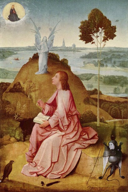 L'evangelista Giovanni scrive il Libro dell'Apocalisse. Dipinto di Hieronymus Bosch (1505)