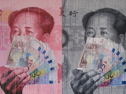 Sheng Qi, Mao vs Euro, 2011, acrylic on canvas, 200 x 300 cm, in Crossing China. Land of the rising art scene, Gérard Goodrow (ed.), Daab, Cologne, 2013. Courtesy Daab
