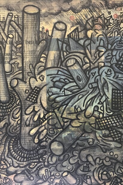 Deluge, carbon ink, newspaper on cardboard Mark Weighton, 2022