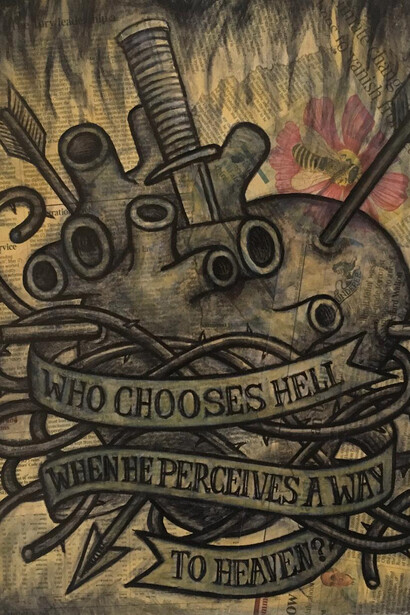 Who chooses hell?, carbon ink, newspaper on cardboard, Mark Weighton, 2022
