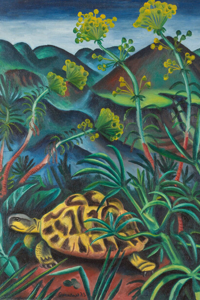 Richard Seewald, Schildkröte mit kerbel (Turtle with chervil), 1923. Sentiment and observation. Art in Ticino 1850-1950, exhibition painting. Courtesy of MASI Lugano