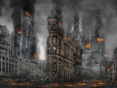 A hypothetical future where US cities are bombarded and destroyed