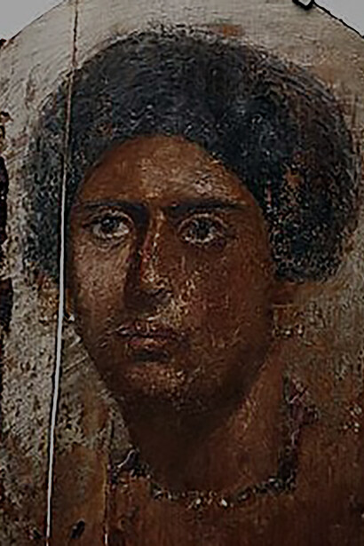 The exquisite mummy portrait of a woman, adorned with encaustic paintings on lime panels—crafted from imported Mediterranean wood, commonly utilized for Hawara portraits. This panel, designed to cover the face of a mummy, offers a captivating glimpse into ancient Egyptian burial customs and artistic techniques