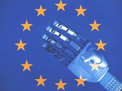 The image depicts a robot hand grasping a gavel, symbolizing the intersection of AI law, policy, and regulation in Europe, with a focus on artificial intelligence and ethical considerations, all set against the European flag