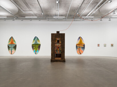 Eliot Greenwald, Library, exhibition view. Courtesy of Harper Gallery