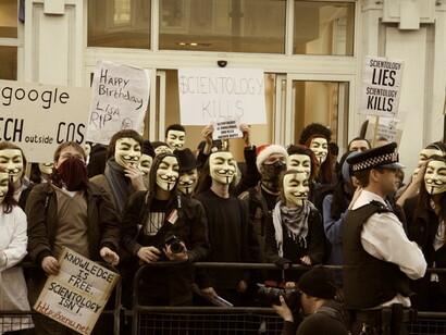 Protesters outside a Scientology center on February 10, 2008