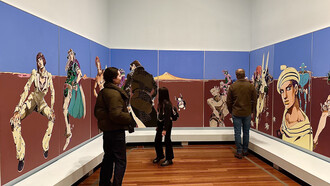 Installation view from the “Art of Manga” exhibition at the de Young Museum in San Francisco, featuring works from Hirohiko Araki’s JoJo’s Bizarre Adventure series. The exhibition showcases hundreds of original drawings and large-scale installations by major Japanese manga artists from the 1970s to the present, including Eiichiro Oda (One Piece), Junji Ito, and Tite Kubo (Bleach). Araki’s featured artwork includes life-sized characters and their Stands, designed to align with viewers’ eye levels for an immersive experience, highlighting manga as a recognized art form in a museum setting. Photo: © İdil Burkutoğlu