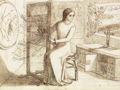 "The Lady of Shalott" (1853) is a stunning work by Elizabeth Siddal, created using pen, black ink, sepia, and pencil. The drawing captures the haunting beauty and tragic narrative of the Lady of Shalott from Alfred Lord Tennyson's poem