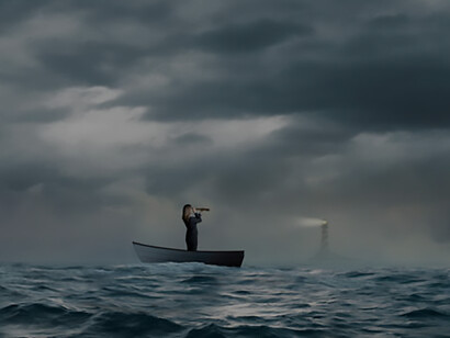 A businesswoman, navigating challenges, searches for solace in the distant glow of a lighthouse while stranded on a boat
