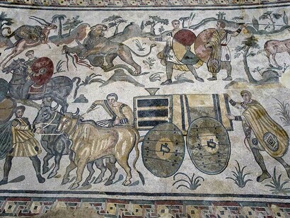 Mosaic in Grande caccia corridor, Villa del Casale, Piazza Armerina