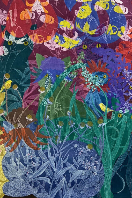 Julia Lucey, Yellow warblers and garden variety invaders, 2024. Courtesy of Wally Workman Gallery