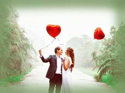 A couple in love holding heart balloons