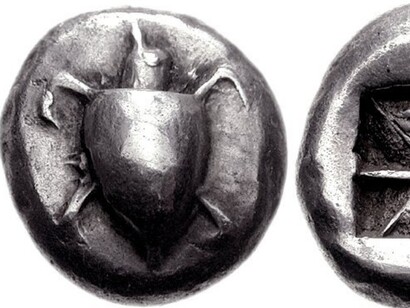 Egina, 550-530/25 a.C. Statere in argento (12,30 g). Proto tartaruga marina, guscio con grandi pallini al centro e senza collare / motivo incuso “Union Jack” con otto segmenti in un quadrato profondo