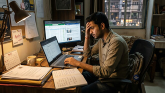 A young Indian graduate sits in a dimly lit room, exhausted and overwhelmed by a sea of digital applications and paperwork that highlight the grueling reality of navigating a hyper-competitive and structural job crisis