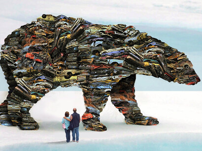 Donald Gialanella’s "Spirit
of the North", concept for a sixty-foot sculpture welded from scrap automobiles for a downtown park in Fairbanks, Alaska. Courtesy of Donald Gialanella