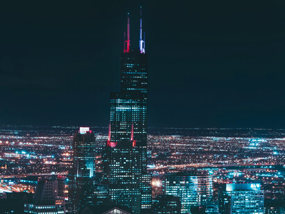 Chicago skyline during Night time, featuring the Willis Tower