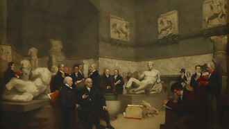 The Trustees in the Temporary Elgin Room, 1819, by Archibald Archer, depicts the Elgin Marbles at the British Museum surrounded by museum staff, a trustee, and visitors