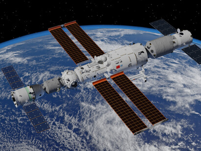Rendering of Tiangong Space Station in August 2021, with Tianhe core module in the middle, Shenzhou-12 crewed spacecraft on the left, and Tianzhou-2 cargo spacecraft on the right