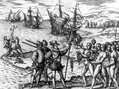 Ilustración que muestra la llegada de Colón a América