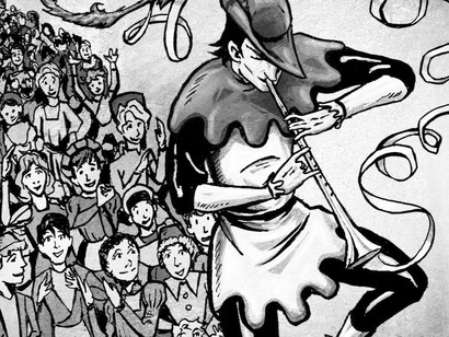 The Pied Piper plays his flute to the joy of many the adults and children