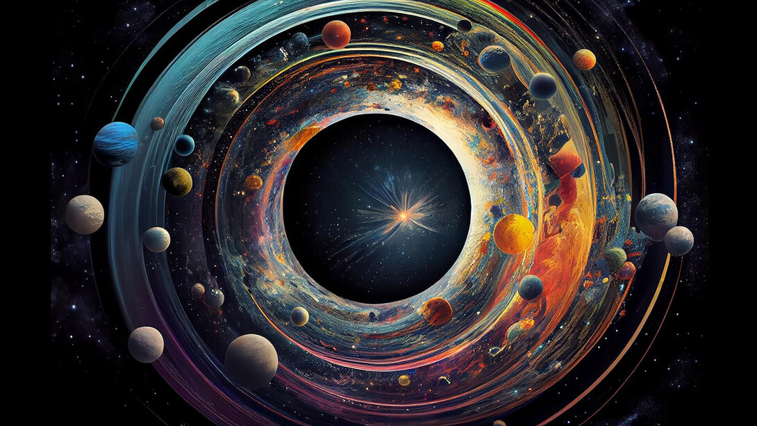 An abstract spaceship orbits against a backdrop of a starry galaxy, illustrating the concept of planetary motion in celestial circles