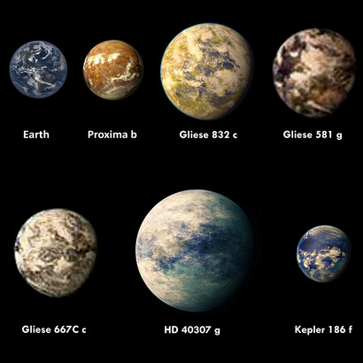 An artistic rendering of some planets among those mentioned in the text and considered habitable. Another planet, Kepler 196 f, is shown here. Being considerably distant from Earth (ca. 490 light-years) this planet was not discussed in the text. Anyway, it is considered, at now, the most similar planet to the Earth