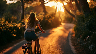 A cyclist enjoying a peaceful ride beneath the evening sun, representing how simple outdoor activities contribute to lasting fitness