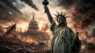 A fractured Statue of Liberty rises over a landscape of militarized ruin, symbolizing the growing contradiction between America’s democratic ideals and its persistent reliance on military power in a changing global order