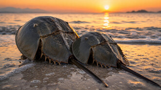 Horseshoe crabs resting together against the evening tide, representing inseparable bonds shaped by love