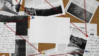 A corkboard displaying a chaotic arrangement of potential evidence – photographs, text fragments, and connections made with red string – visually encapsulates the intricate and often perplexing nature of true crime stories that captivate consumers