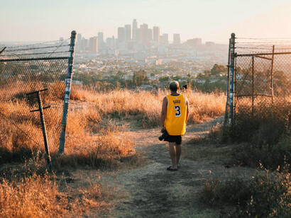 A man overlooking Los Angeles valley, Los Angeles, USA