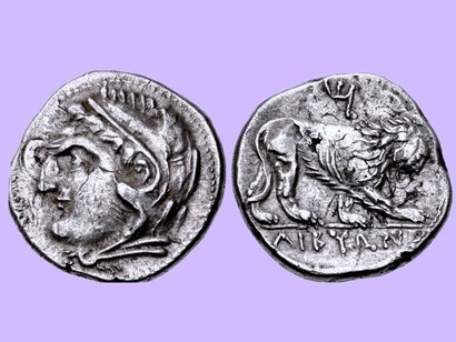 Siclo, Cartagine, rivolta libica. Circa 241-238 a.C. BI Shekel (23 mm, 7,32 g, 11 h). Zecca incerta dell'Africa settentrionale. Testa di Heracle a sinistra, con indosso una pelle di leone / Leone in piedi a destra