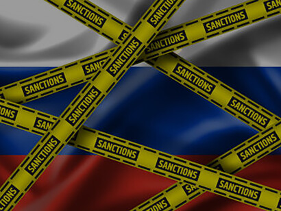 Impactful image of yellow tape with sanctions sign: symbolizing international sanctions against Russia