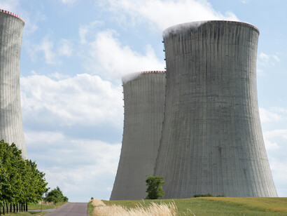 A low shot a of nuclear plant's cooling towers