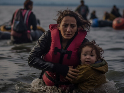 Individuals donning life jackets amidst a Mediterranean Sea migration crisis on a refugee boat