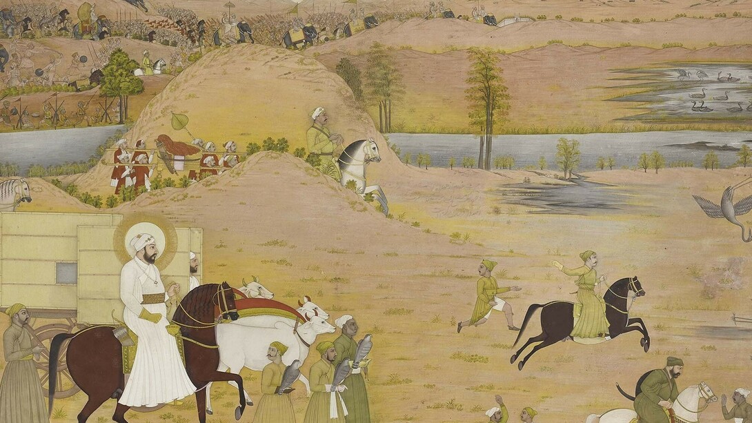 The 'Great Mogul' hunting crane with hawks, by the Mughal artist Hunhar (1740-50) Photography by John McKenzie