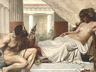 An impressive depiction of Hercules and Omphale, the Queen of Lydia. Hercules entered the service of Omphale in pennance for the murder of Iphitus