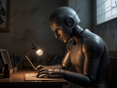 Un robot che scrivere. Quest'immagine è stata creata dall'intelligenza artificiale