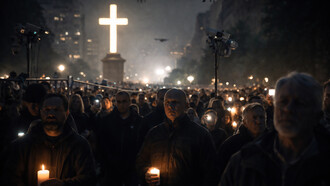 A silent crowd gathers beneath an illuminated cross, their candlelight flickering under the watch of cameras and drones, capturing the uneasy convergence of faith, surveillance, and collective power in the modern age