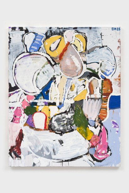 Eddie Martinezm, New Growth
2023. Oil, acrylic paint and footprint on linen
60 by 48 in. 152.4 by 121.9 cm.© Eddie
Martinez. Courtesy of the artist and Mitchell-Innes & Nash, New York.