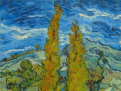 "Two Poplars in the Alpilles near Saint-Rémy" artwork by Vincent Van Gogh, painted in 1889 at the Saint Paul-de-Mausole asylum in Saint-Rémy-de-Provence, France