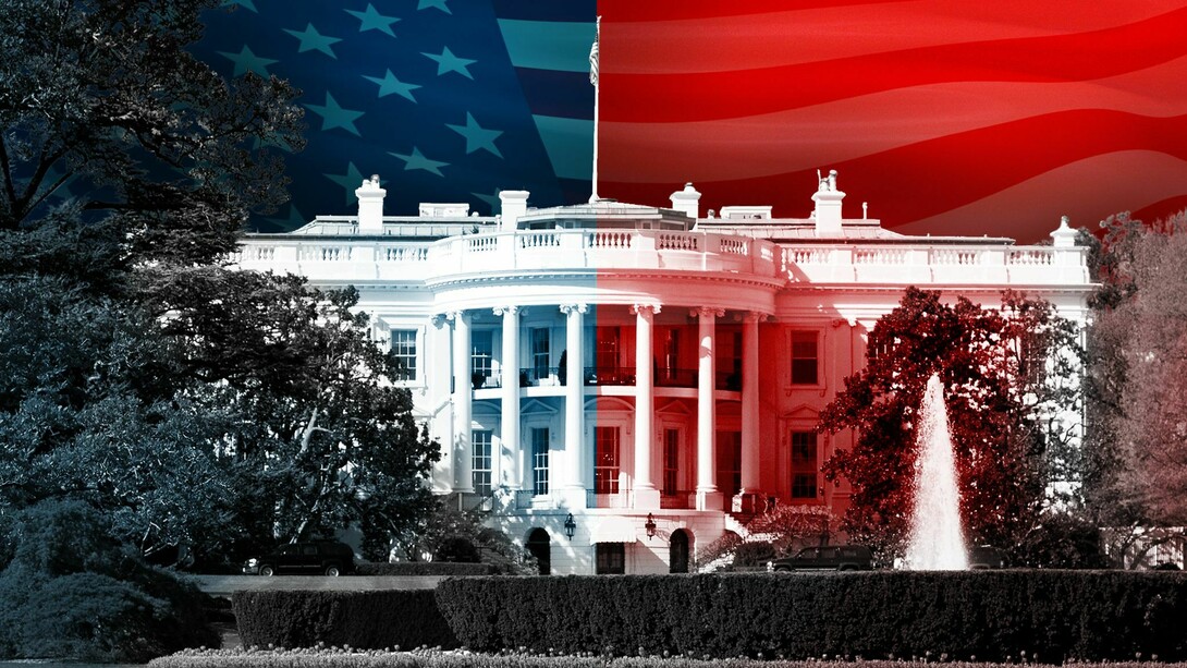 Image of The White House in The United States divided in blue for Democrat and red for Republican