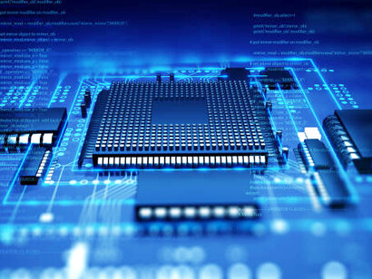 Futuristic 3D rendering of a blue circuit board and processor