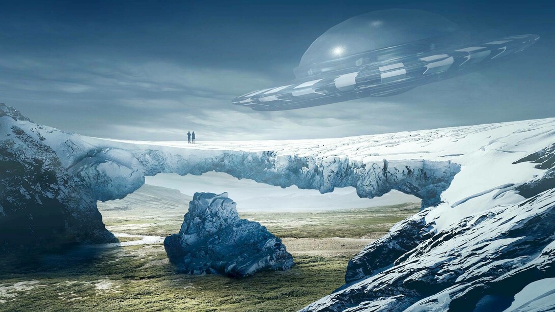 An unidentified flying object (UFO) hovering and camouflaged
