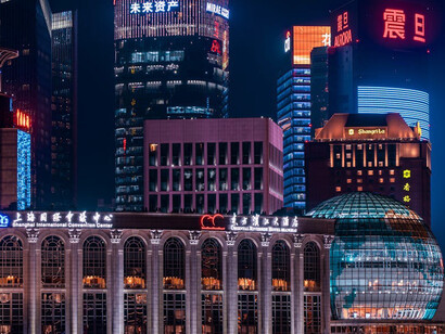 Close-up of Shanghai’s illuminated skyline, where every glowing neon sign adds to the city’s electric atmosphere and vibrant nightlife