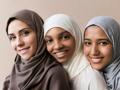 Three hijabi women supporting and empowering each other