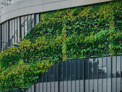 In Singapore, a gray concrete building is enveloped by trees, with a garden nestled beside